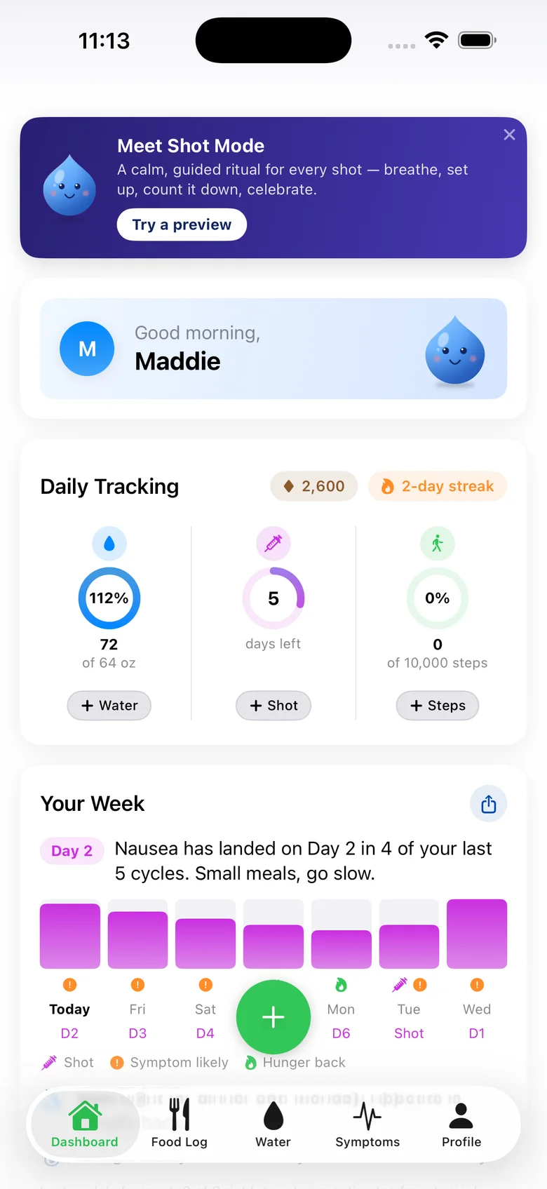 Dose AI dashboard on an iPhone: the Meet Shot Mode banner, the morning greeting with Blu, daily tracking rings, and the Your Week card