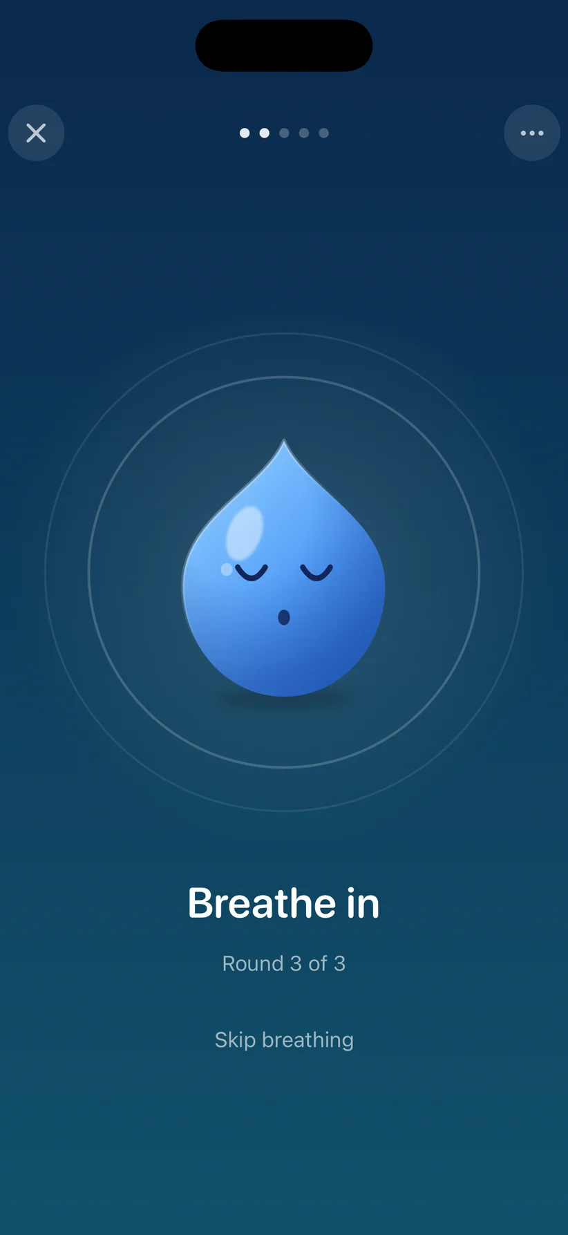 Shot Mode breathing stage with the Dose AI droplet buddy — 'Breathe in, Round 3 of 3'