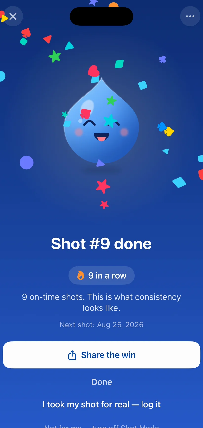Shot Mode celebration with confetti — 'Shot #9 done, 9 in a row'